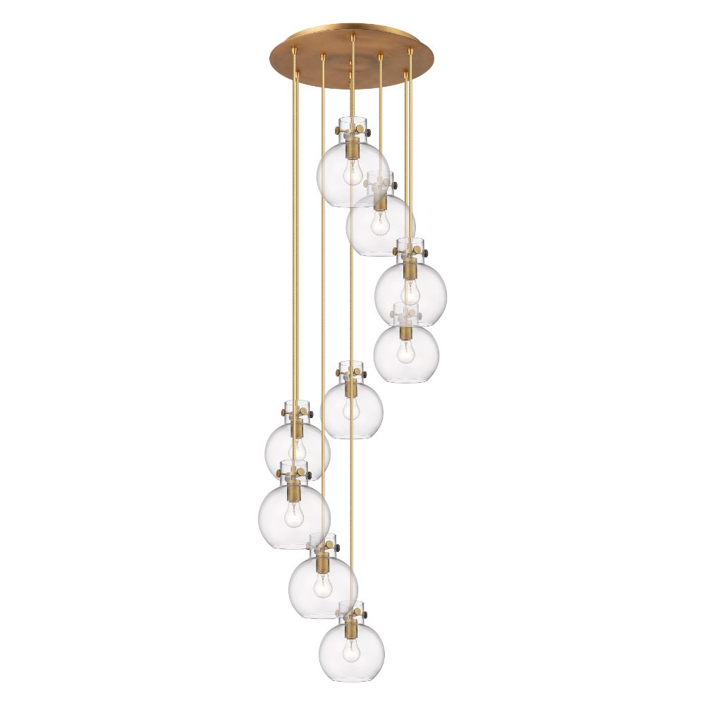 Innovations 119-410-1PS-BB-G410-8CL Newton Sphere - 9 Light 8" Cord Hung Multi Pendant - 18" Canopy - Brushed Brass Finish - Clear Glass Shade