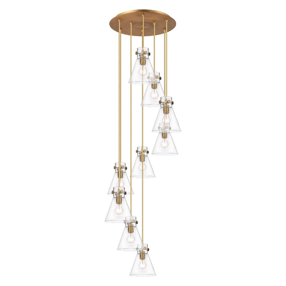 Innovations 119-410-1PS-BB-G411-8CL Newton Cone - 9 Light 8" Cord Hung Multi Pendant - 18" Canopy - Brushed Brass Finish - Clear Glass Shade