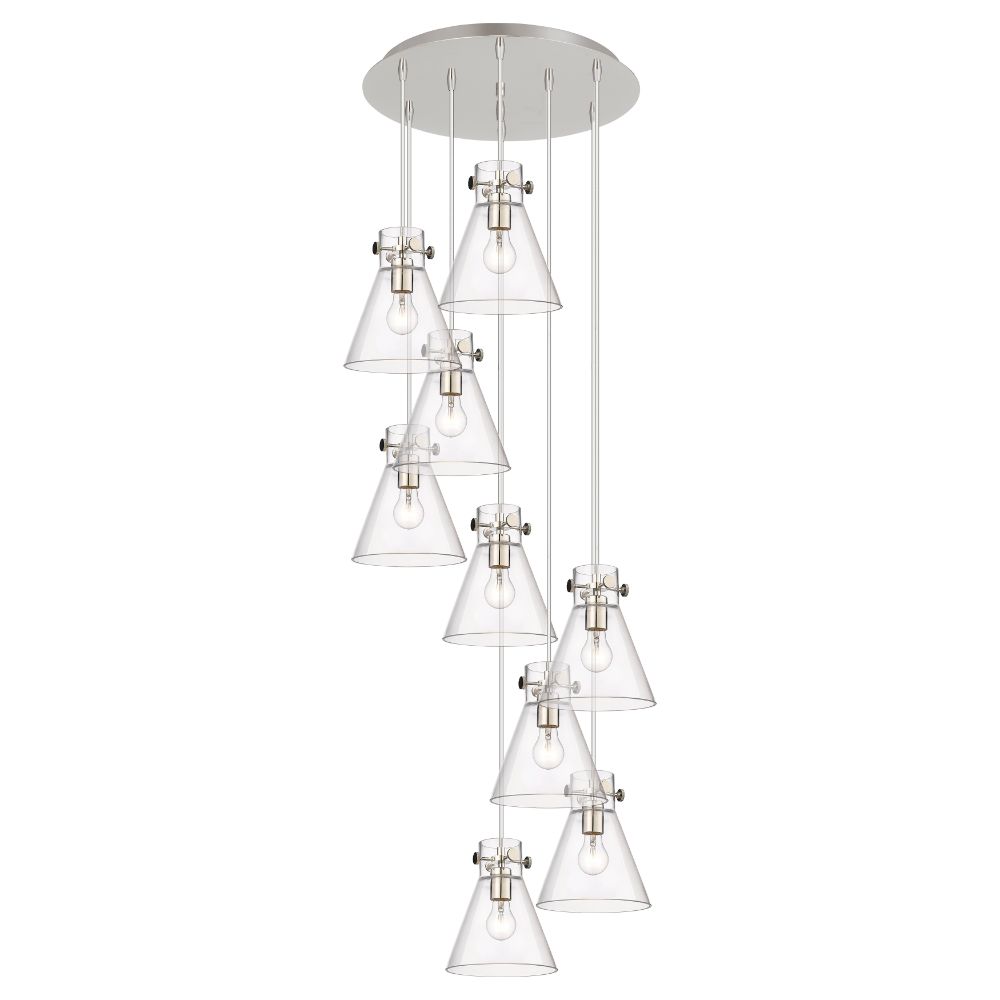 Innovations 119-410-1PS-PN-G411-8CL Newton Cone - 9 Light 8" Cord Hung Multi Pendant - 18" Canopy - Polished Nickel Finish - Clear Glass Shade
