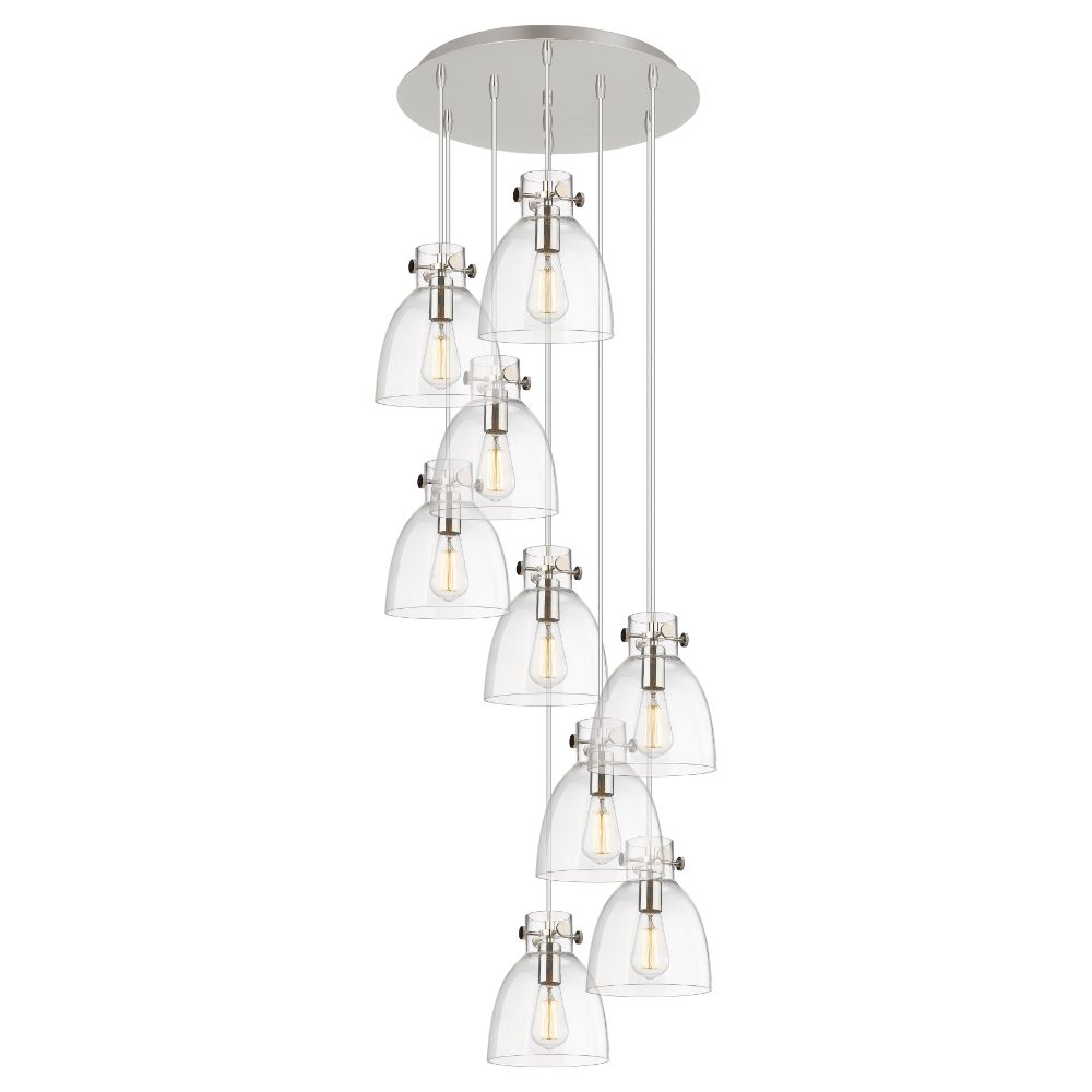 Innovations 119-410-1PS-PN-G412-8CL Newton Bell - 9 Light 8" Cord Hung Multi Pendant - 18" Canopy - Polished Nickel Finish - Clear Glass Shade