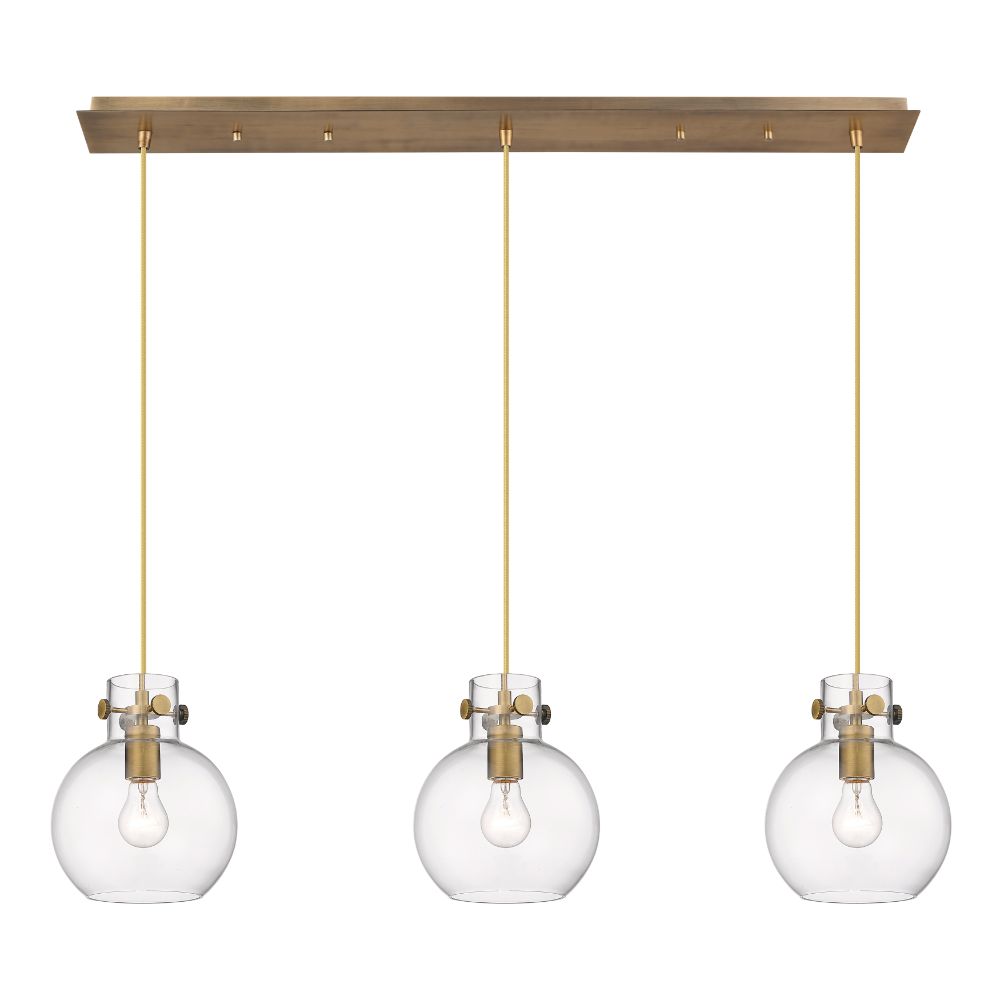 Innovations 123-410-1PS-BB-G410-8CL Newton Sphere - 3 Light 8" Cord Hung Linear Pendant - Brushed Brass Finish - Clear Glass Shade