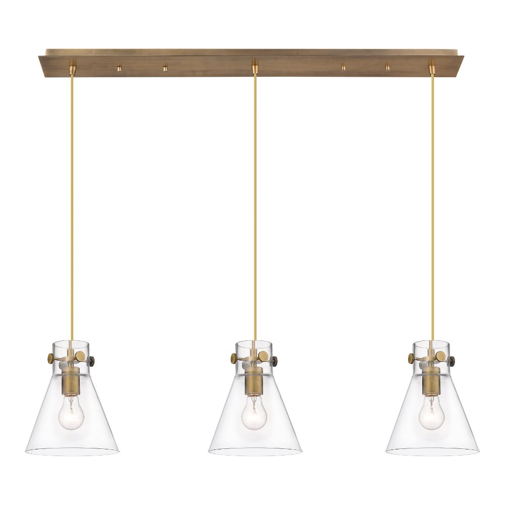 Innovations 123-410-1PS-BB-G411-8CL Newton Cone - 3 Light 8" Cord Hung Linear Pendant - Brushed Brass Finish - Clear Glass Shade