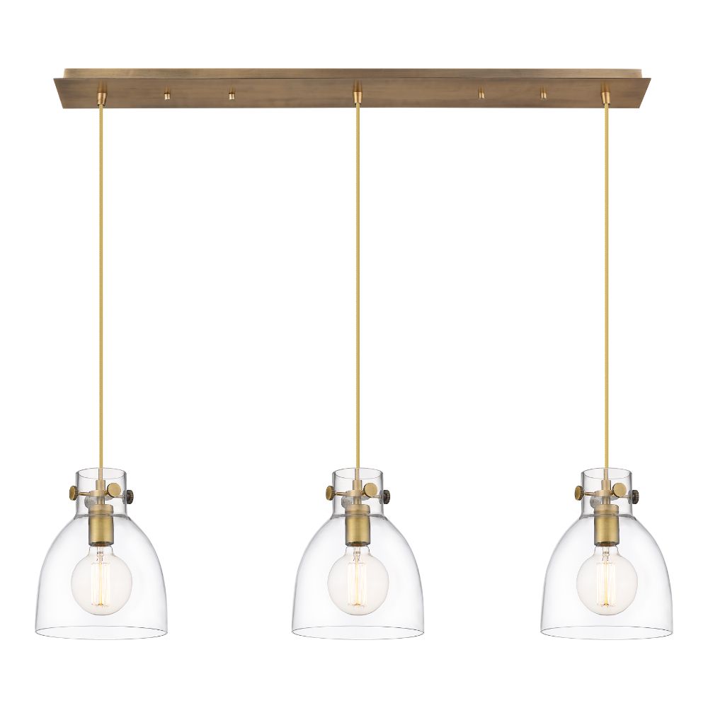 Innovations 123-410-1PS-BB-G412-8CL Newton Bell - 3 Light 8" Cord Hung Linear Pendant - Brushed Brass Finish - Clear Glass Shade