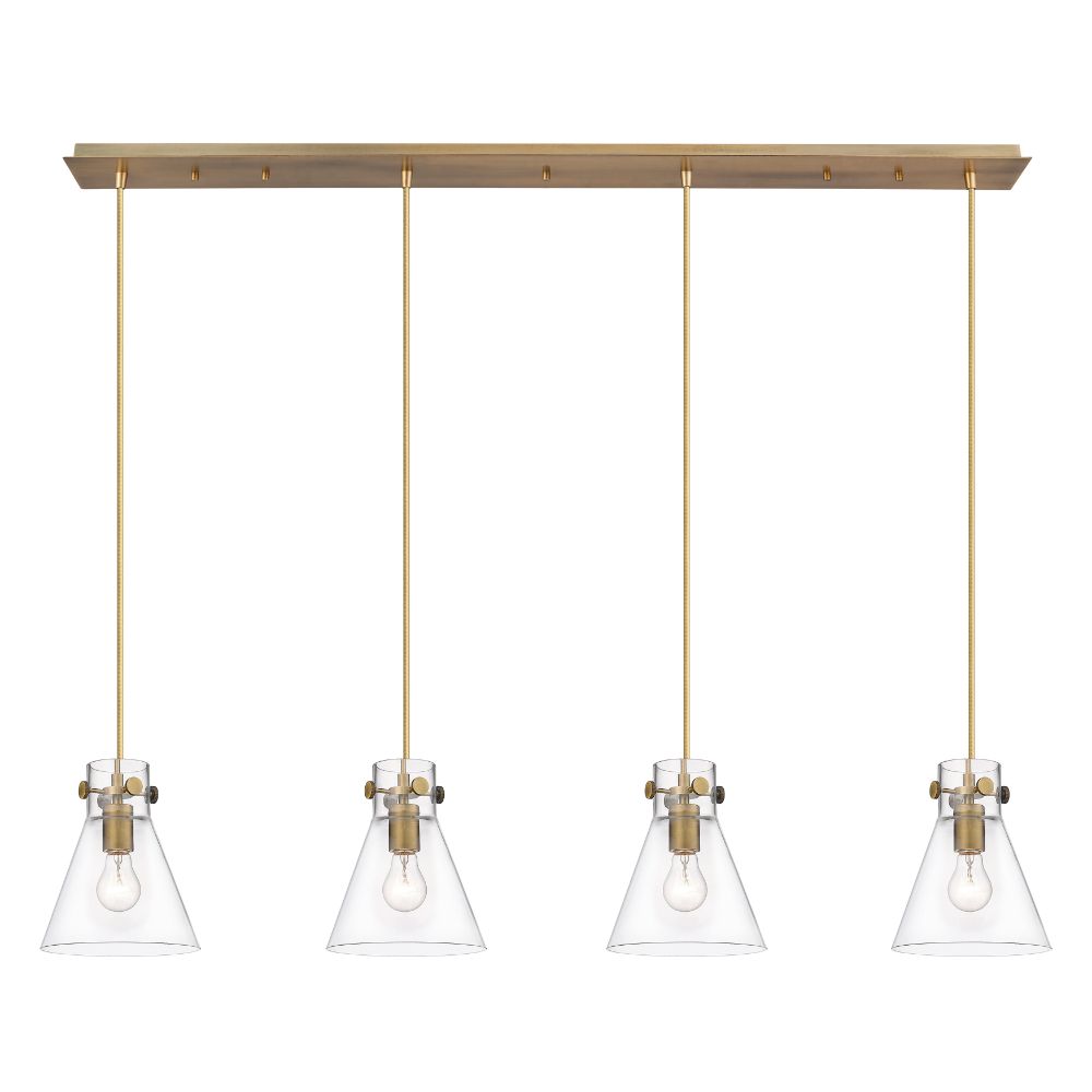 Innovations 124-410-1PS-BB-G411-8CL Newton Cone - 4 Light 8" Cord Hung Linear Pendant - Brushed Brass Finish - Clear Glass Shade