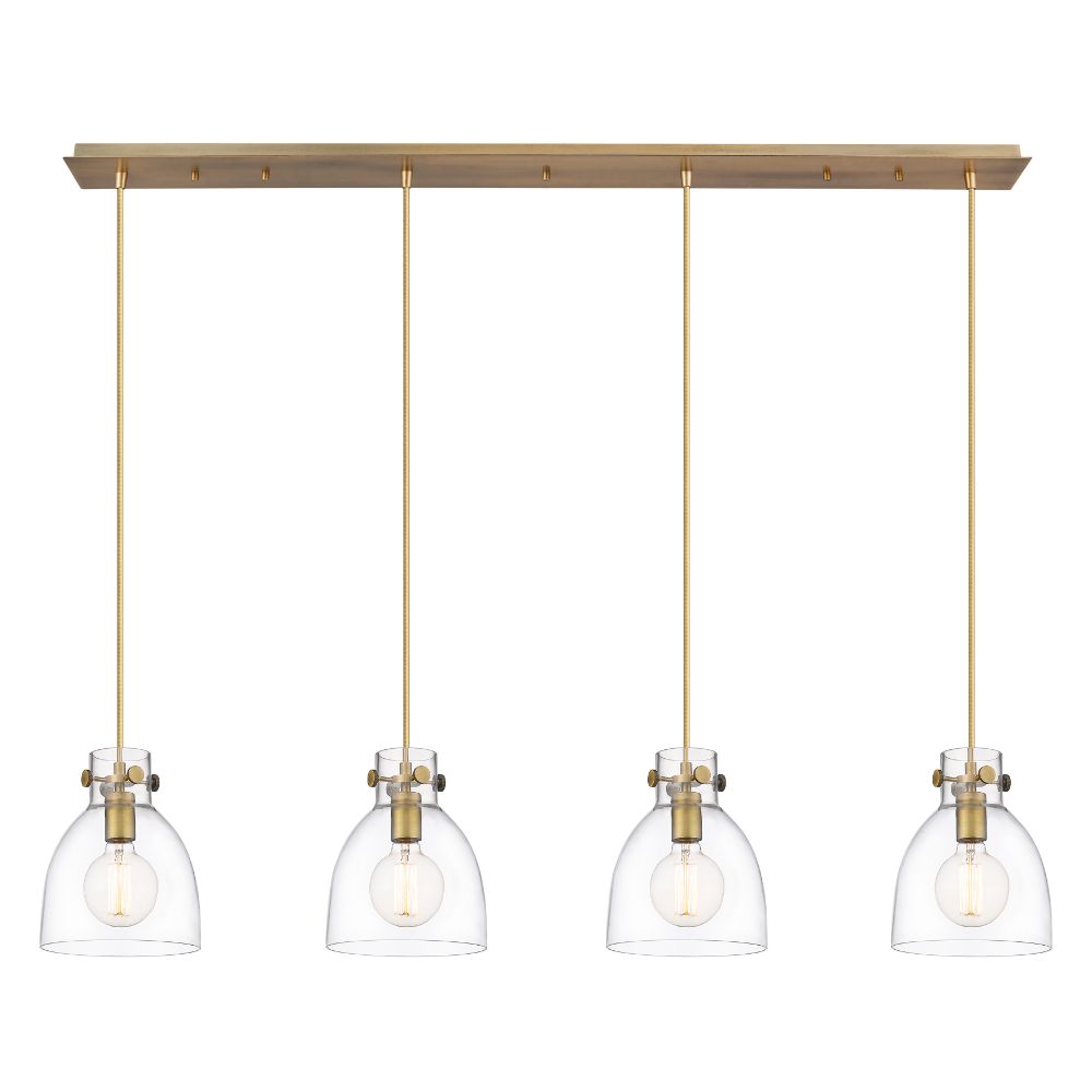 Innovations 124-410-1PS-BB-G412-8CL Newton Bell - 4 Light 8" Cord Hung Linear Pendant - Brushed Brass Finish - Clear Glass Shade