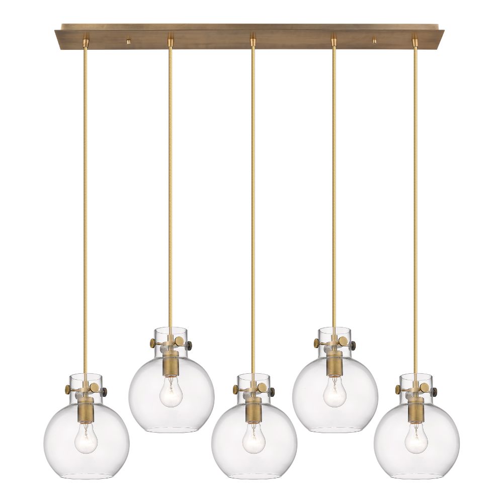 Innovations 125-410-1PS-BB-G410-8CL Newton Sphere - 5 Light 8" Cord Hung Linear Pendant - Brushed Brass Finish - Clear Glass Shade