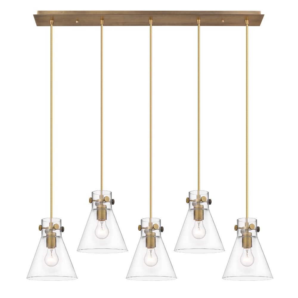 Innovations 125-410-1PS-BB-G411-8CL Newton Cone - 5 Light 8" Cord Hung Linear Pendant - Brushed Brass Finish - Clear Glass Shade