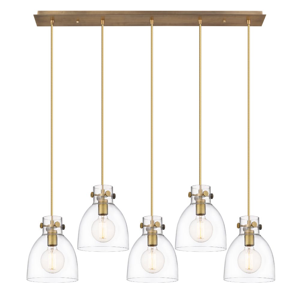 Innovations 125-410-1PS-BB-G412-8CL Newton Bell - 5 Light 8" Cord Hung Linear Pendant - Brushed Brass Finish - Clear Glass Shade