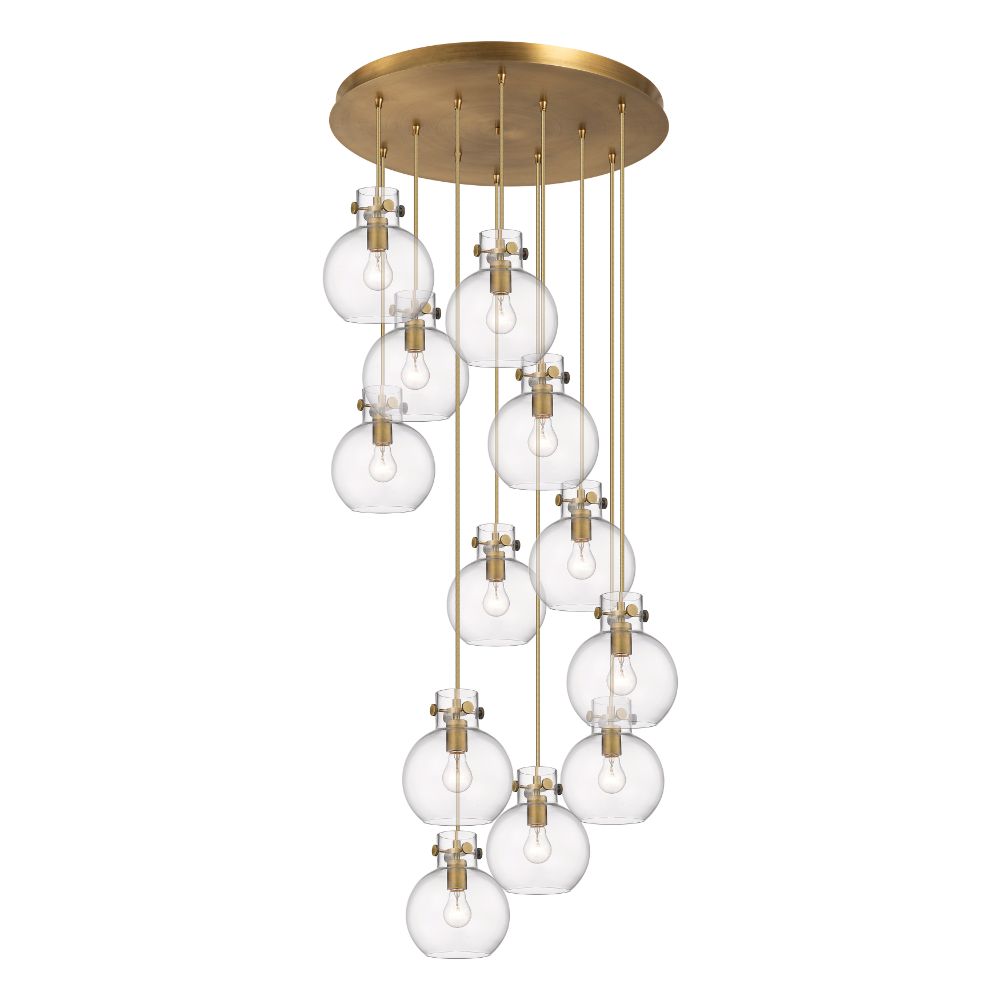 Innovations 126-410-1PS-BB-G410-8CL Newton Sphere - 12 Light 8" Cord Hung Multi Pendant - 24" Canopy - Brushed Brass Finish - Clear Glass Shade