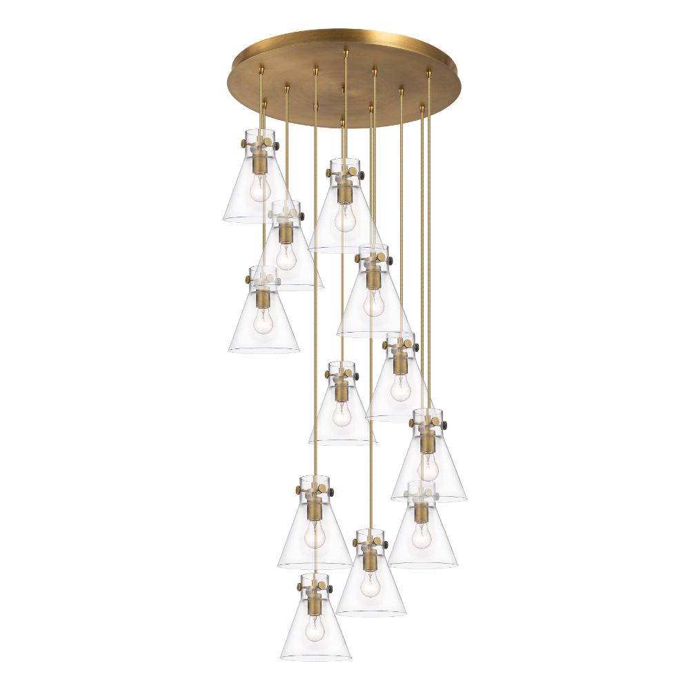 Innovations 126-410-1PS-BB-G411-8CL Newton Cone - 12 Light 8" Cord Hung Multi Pendant - 24" Canopy - Brushed Brass Finish - Clear Glass Shade
