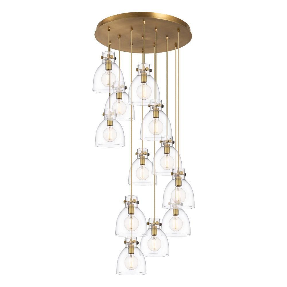 Innovations 126-410-1PS-BB-G412-8CL Newton Bell - 12 Light 8" Cord Hung Multi Pendant - 24" Canopy - Brushed Brass Finish - Clear Glass Shade