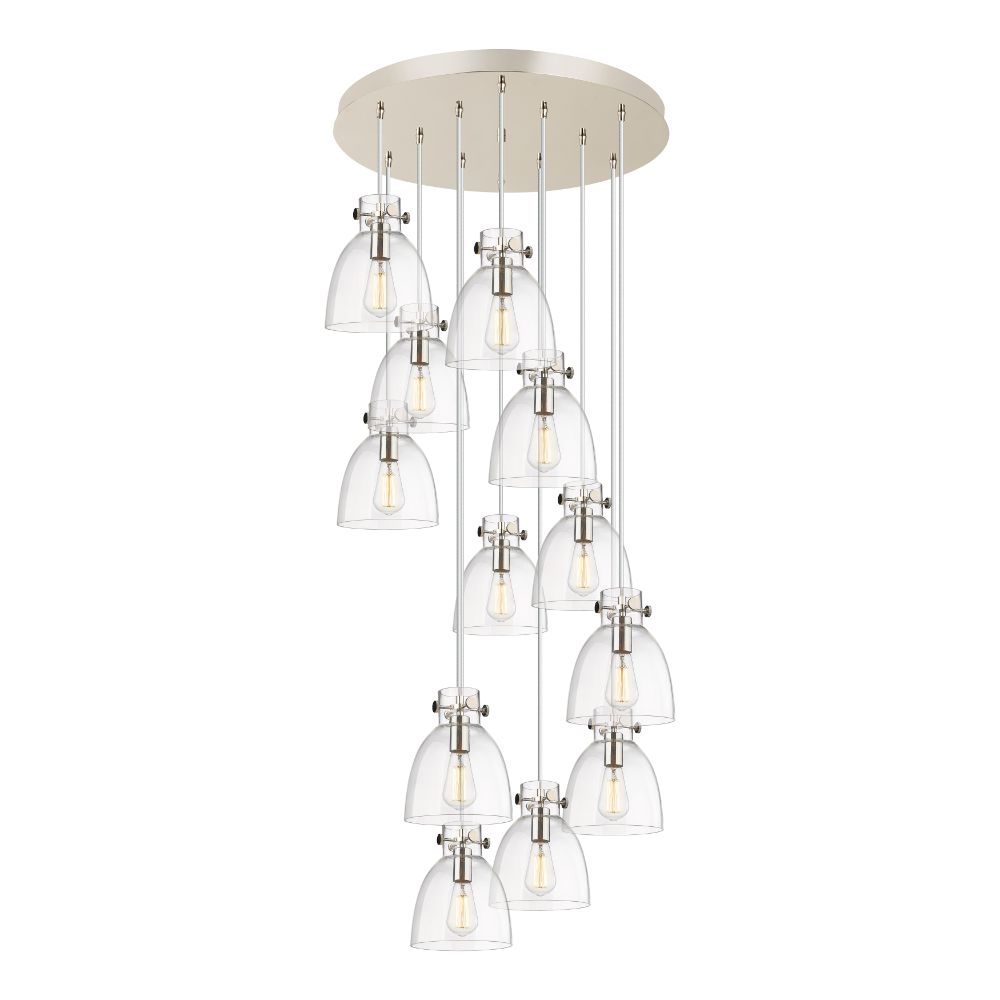 Innovations 126-410-1PS-PN-G412-8CL Newton Bell - 12 Light 8" Cord Hung Multi Pendant - 24" Canopy - Polished Nickel Finish - Clear Glass Shade