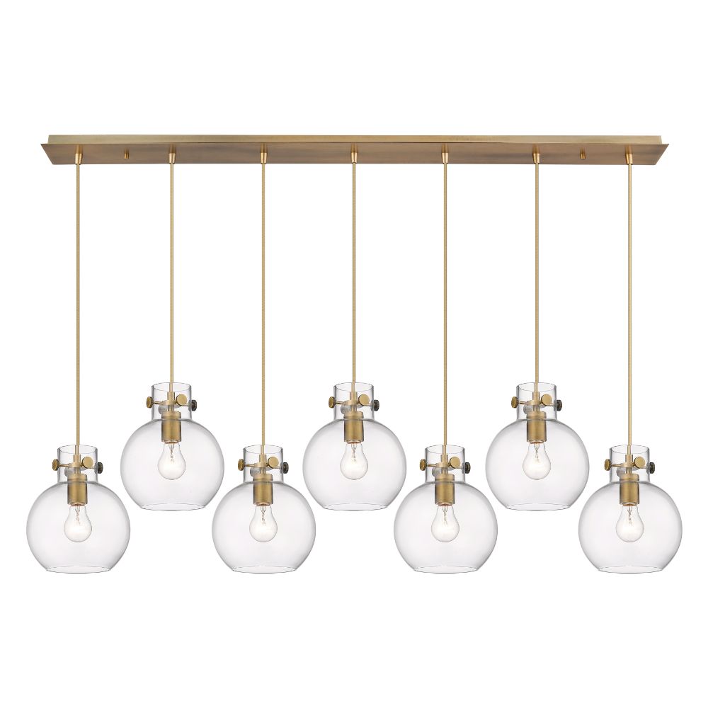Innovations 127-410-1PS-BB-G410-8CL Newton Sphere - 7 Light 8" Cord Hung Linear Pendant - Brushed Brass Finish - Clear Glass Shade
