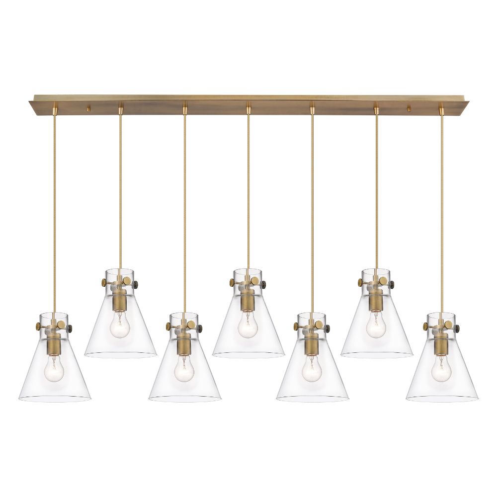 Innovations 127-410-1PS-BB-G411-8CL Newton Cone - 7 Light 8" Cord Hung Linear Pendant - Brushed Brass Finish - Clear Glass Shade