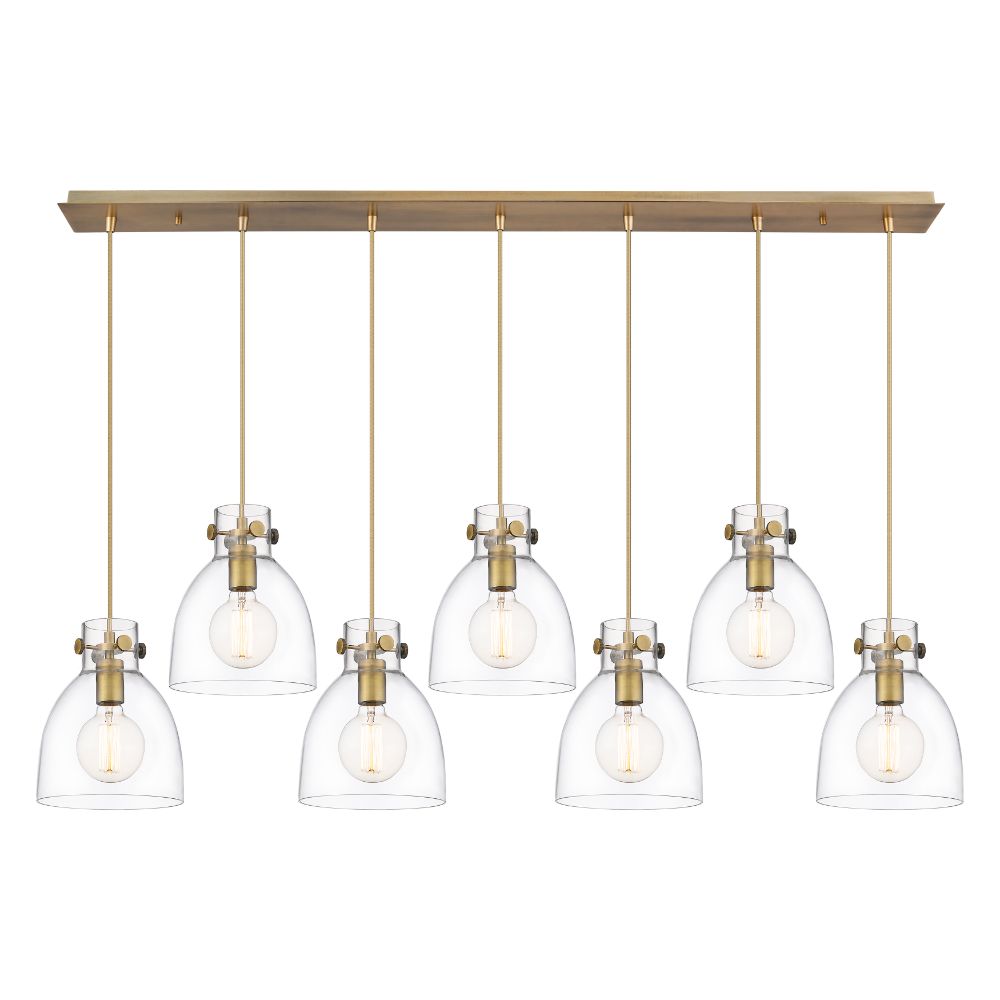 Innovations 127-410-1PS-BB-G412-8CL Newton Bell - 7 Light 8" Cord Hung Linear Pendant - Brushed Brass Finish - Clear Glass Shade