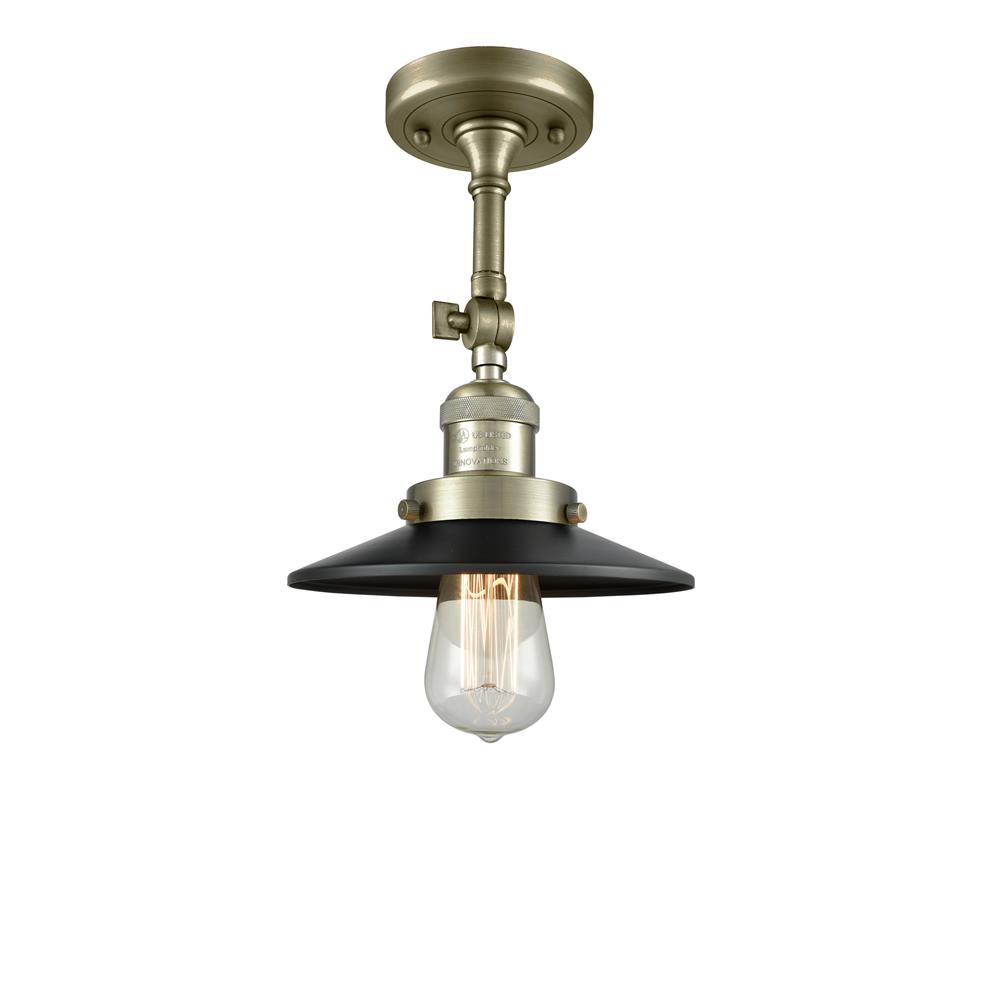 Innovations 201F-AB-M6-LED Railroad Vintage Dimmable LED 8 inch Antique Brass Semi-Flush Mount with Matte Black Railroad shades and Solid Brass 180 Degree Adjustable Swivel With Engraved Cast Cup