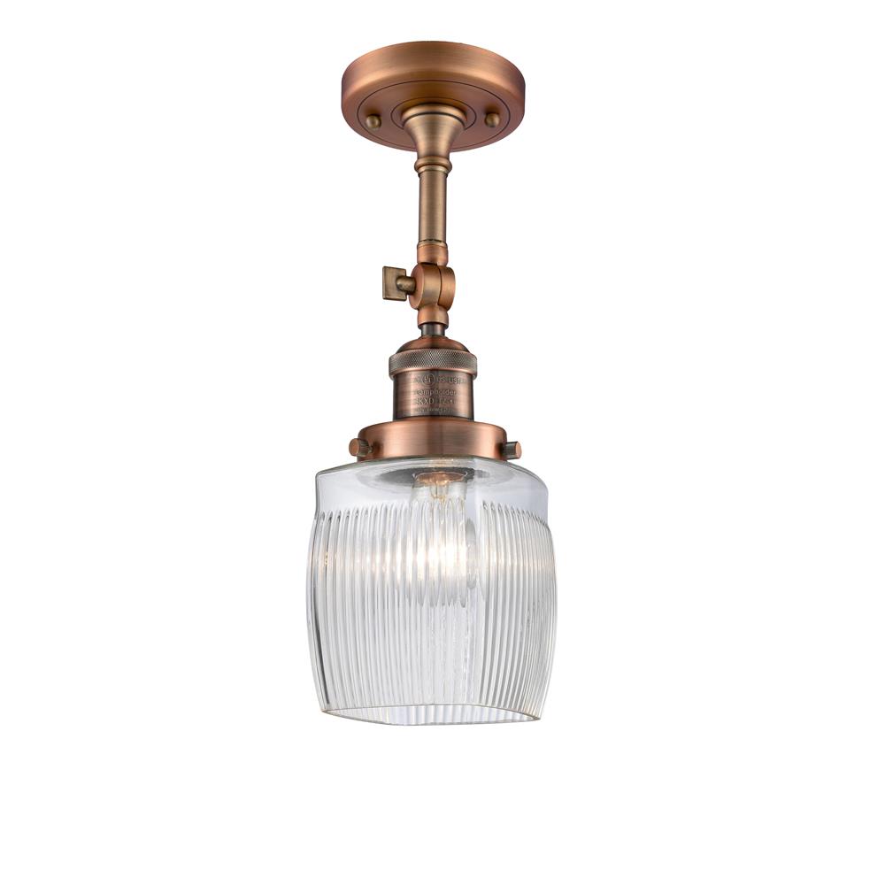 Innovations 201F-AC-G302 Colton 1-100 watt 14 inch Antique Copper Semi-Flush Mount with Thick Clear Halophane glass and Solid Brass 180 Degree Adjustable Swivel With Engraved Cast Cup