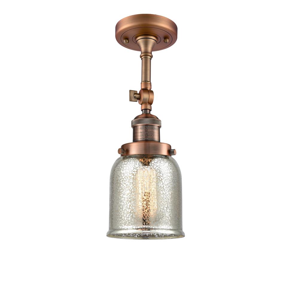 Innovations 201F-AC-G58 Small Bell 1-100 watt 5 inch Antique Copper Semi-Flush Mount with Silver Plated Mercury glass and Solid Brass 180 Degree Adjustable Swivel With Engraved Cast Cup