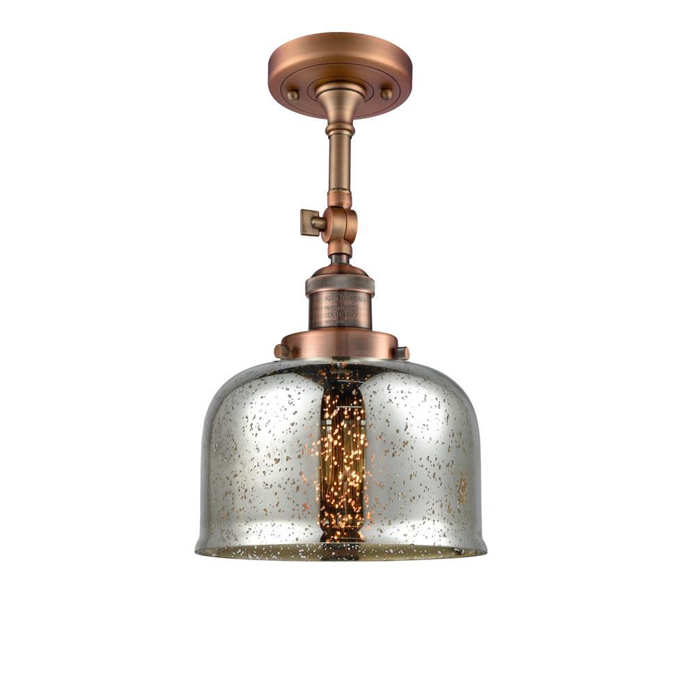 Innovations 201F-AC-G78 Large Bell 1-100 watt 8 inch Antique Copper Semi-Flush Mount with Silver Plated Mercury glass and Solid Brass 180 Degree Adjustable Swivel With Engraved Cast Cup