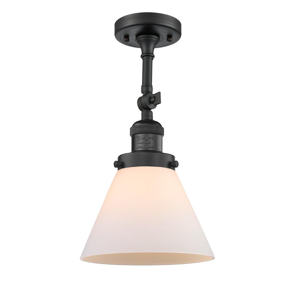 Innovations 201F-BK-G41-LED Large Cone Vintage Dimmable LED 8 inch Black Semi-Flush Mount with Matte White Cased glass and Solid Brass 180 Degree Adjustable Swivel With Engraved Cast Cup
