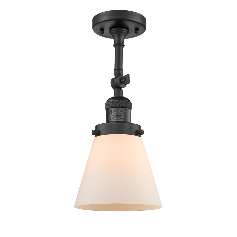 Innovations 201F-BK-G61-LED Small Cone Vintage Dimmable LED 6 inch Black Semi-Flush Mount with Matte White Cased glass and Solid Brass 180 Degree Adjustable Swivel With Engraved Cast Cup