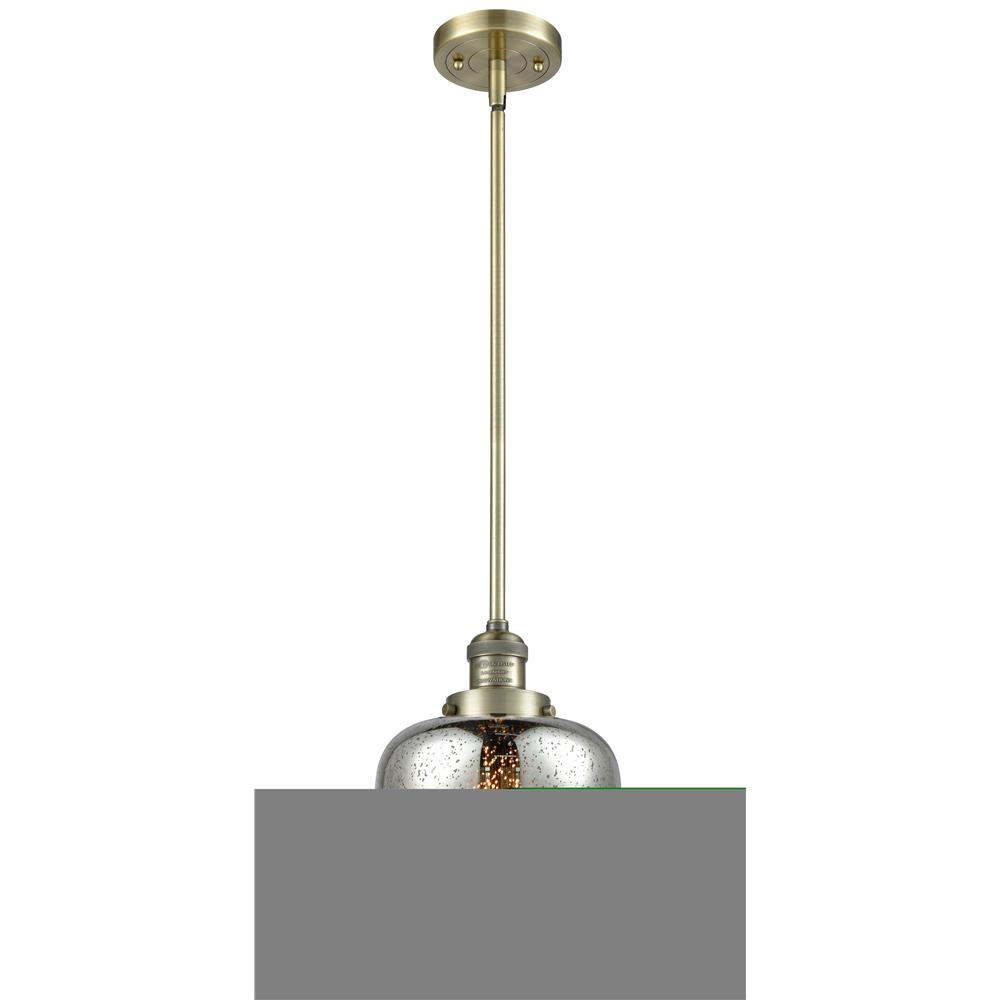 Innovations 201S-AB-G78 Large Bell 1-100 watt 8 inch Antique Brass Mini Pendant with Silver Plated Mercury glass and Solid Brass Hang Straight Swivel