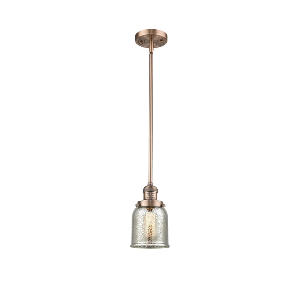 Innovations 201S-AC-G58 Small Bell 1-100 watt 5 inch Antique Copper Mini Pendant with Silver Plated Mercury glass and Solid Brass Hang Straight Swivel