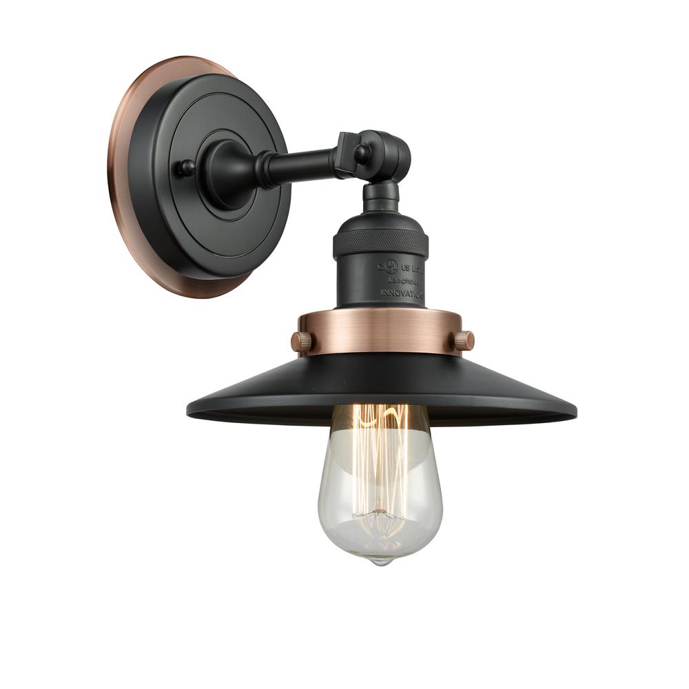 Innovations 203BK-BPAC-HRAC-M6-BK Railroad 1 Light Mixed Metals Sconce in Matte Black with Antique Copper Cone Metal Shade