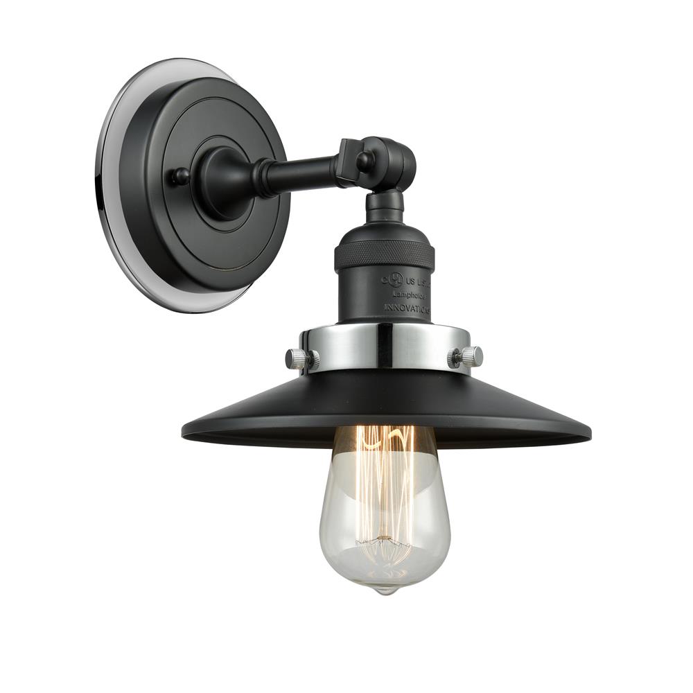 Innovations 203BK-BPPC-HRPC-M6-BK Railroad 1 Light Mixed Metals Sconce in Matte Black with Polished Nickel Cone Metal Shade