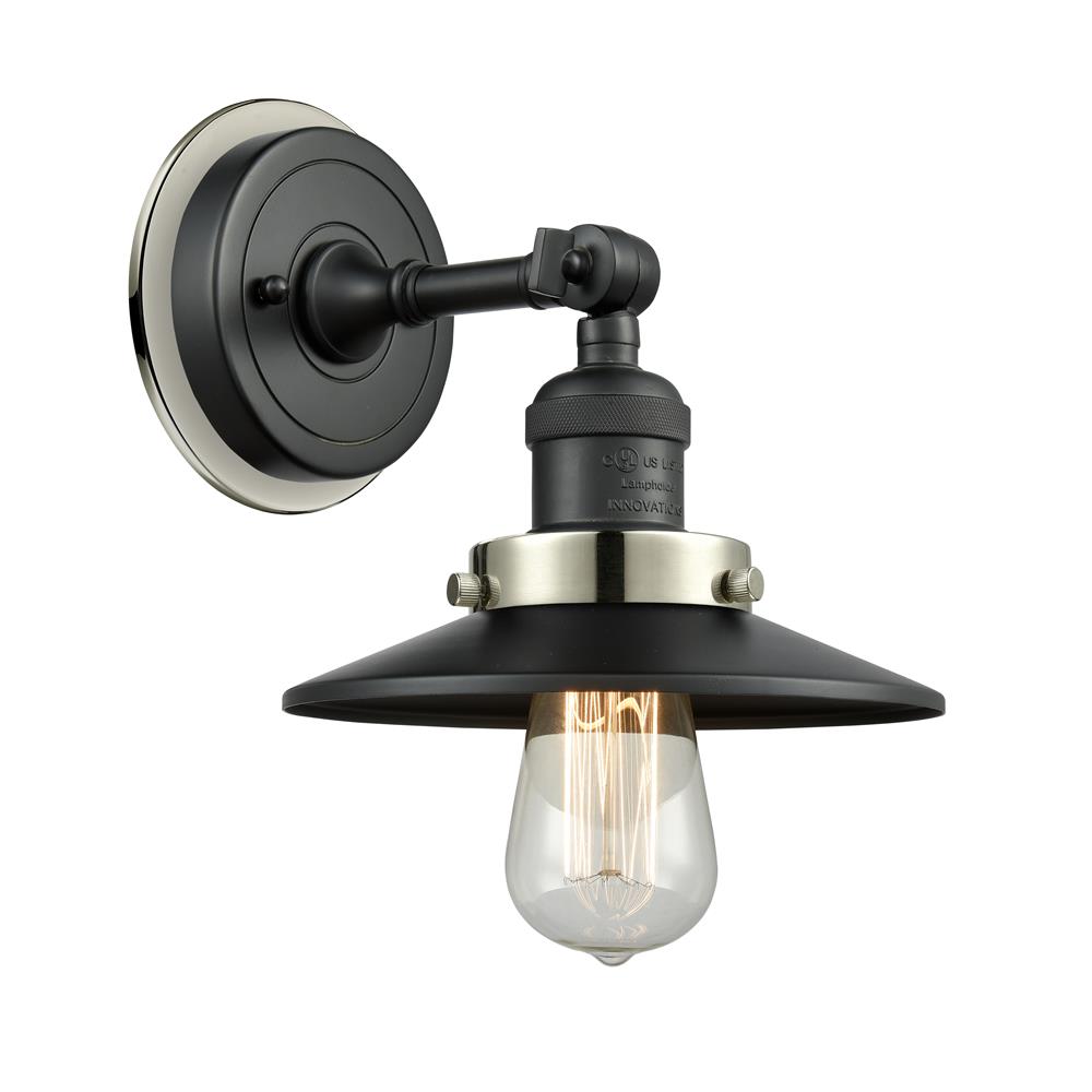 Innovations 203BK-BPPN-HRPN-M6-BK Railroad 1 Light Mixed Metals Sconce in Matte Black with Polished Nickel Cone Metal Shade