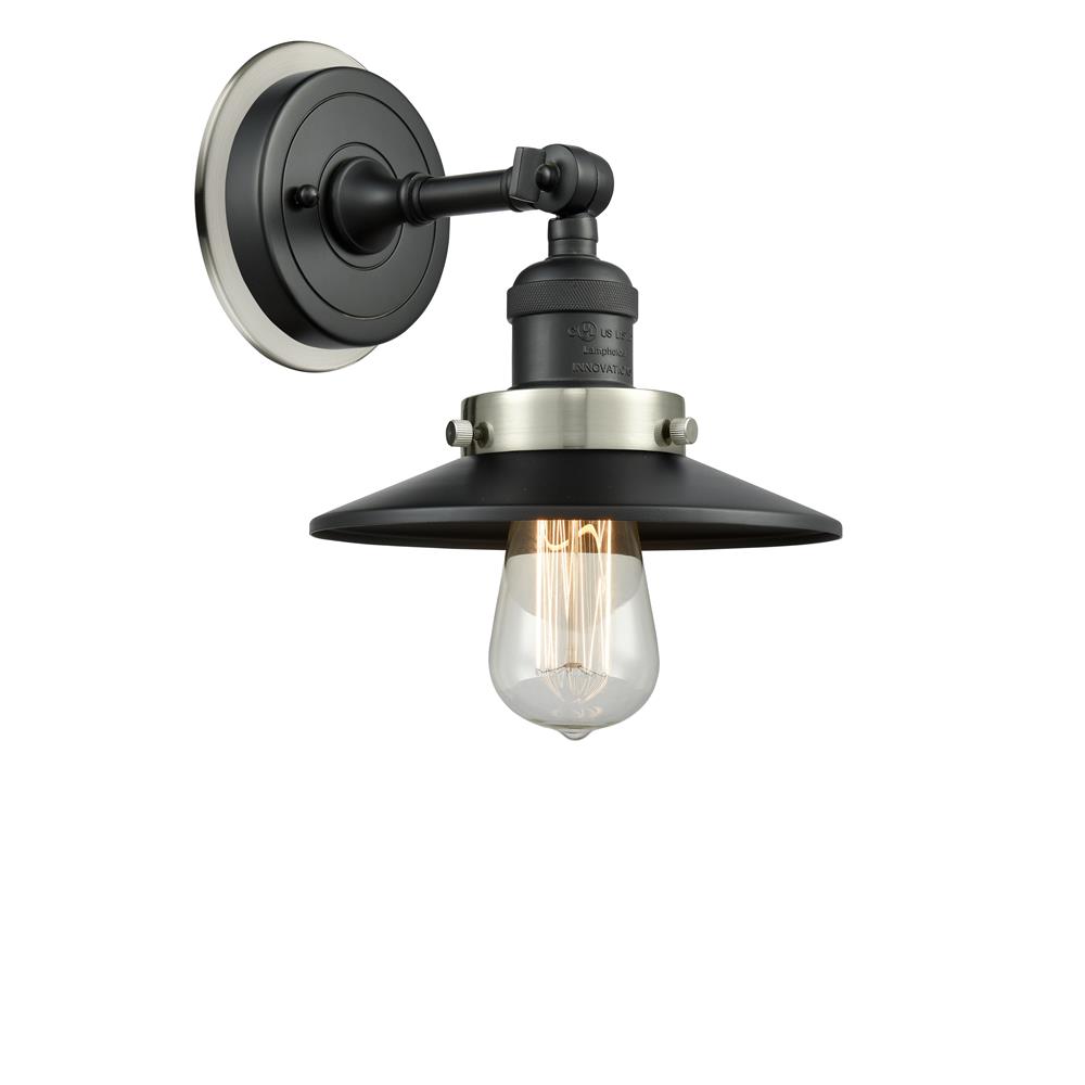 Innovations 203BK-BPSN-HRSN-M6-BK Railroad 1 Light Mixed Metals Sconce in Matte Black with Polished Nickel Cone Metal Shade