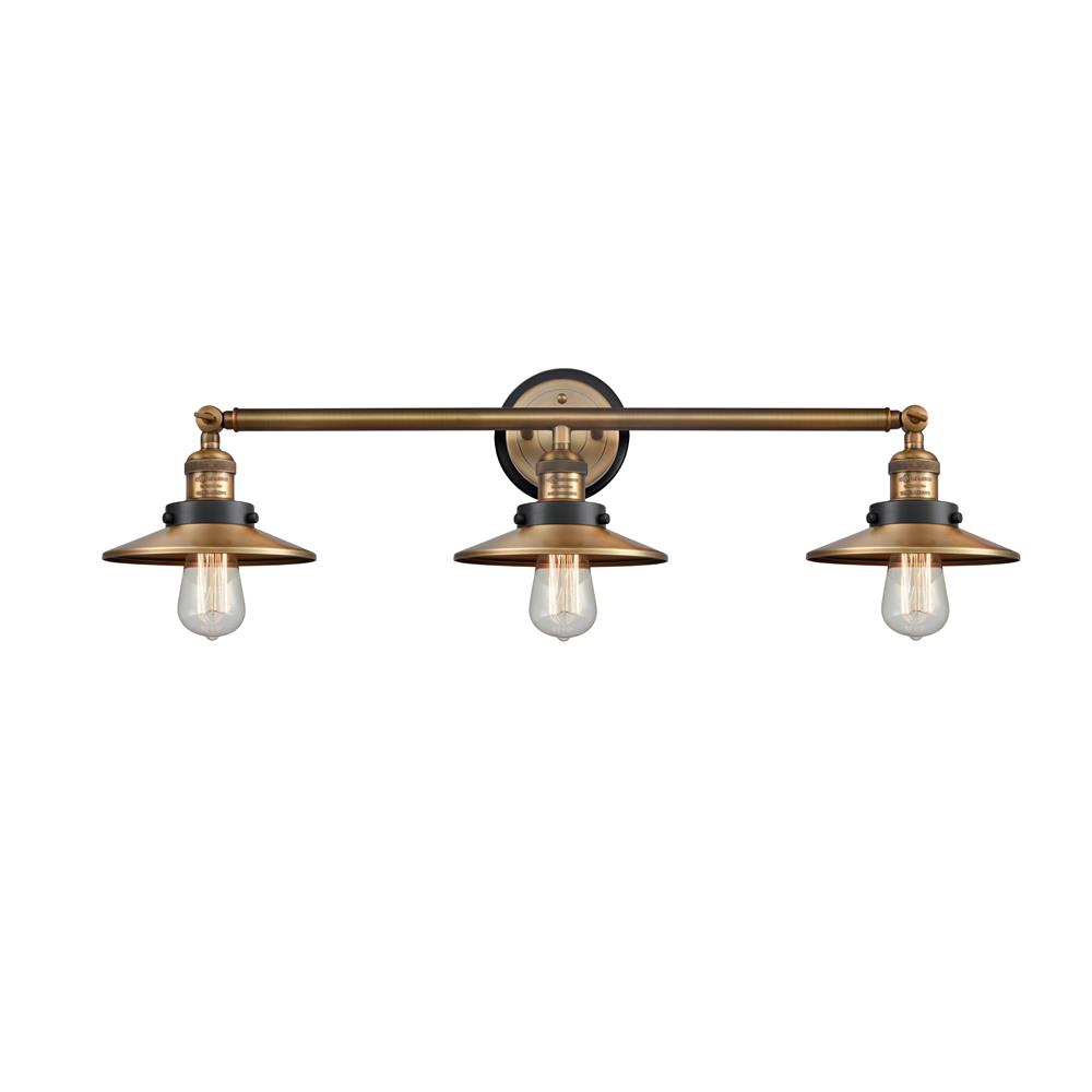 Innovations 205BB-BPBK-HRBK-M4-BB Railroad 3 Light Mixed Metals Bath Vanity Light Mixed Metals in Brushed Brass with Antique Copper Cone Metal Shade