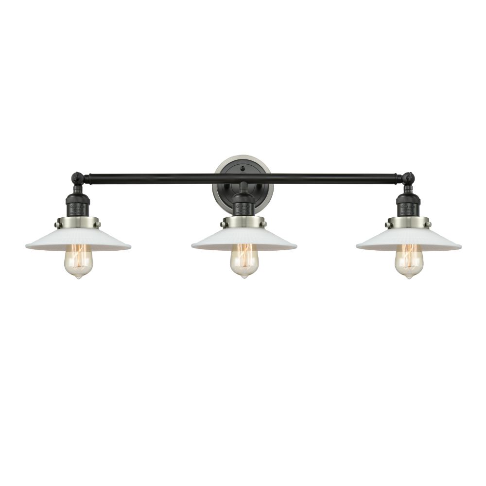 Innovations 205BK-BPSN-HRSN-G1 Halophane 3 Light Mixed Metals Bath Vanity Light Mixed Metals part of the Franklin Restoration Collection in Matte Black
