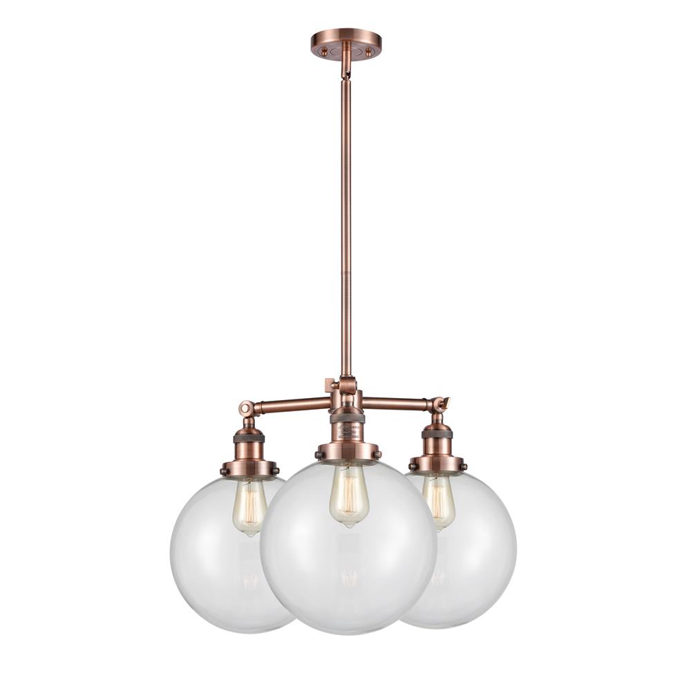 Innovations 207-AC-G202-10 Franklin Restoration Extra Large Beacon 3 Light Chandelier in Antique Copper