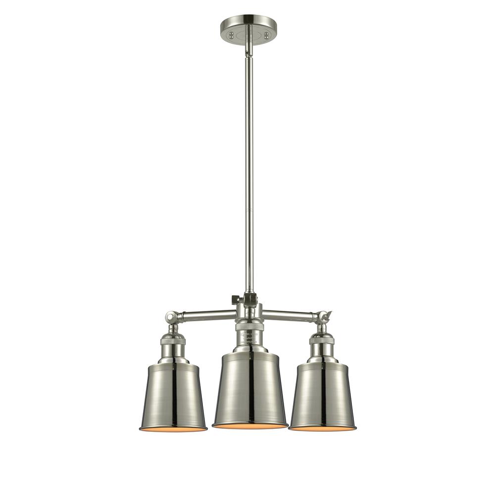 Innovations 207-PN-M9-LED Addison 3 Light Chandelier in Polished Nickel with Polished Nickel Cone Metal Shade
