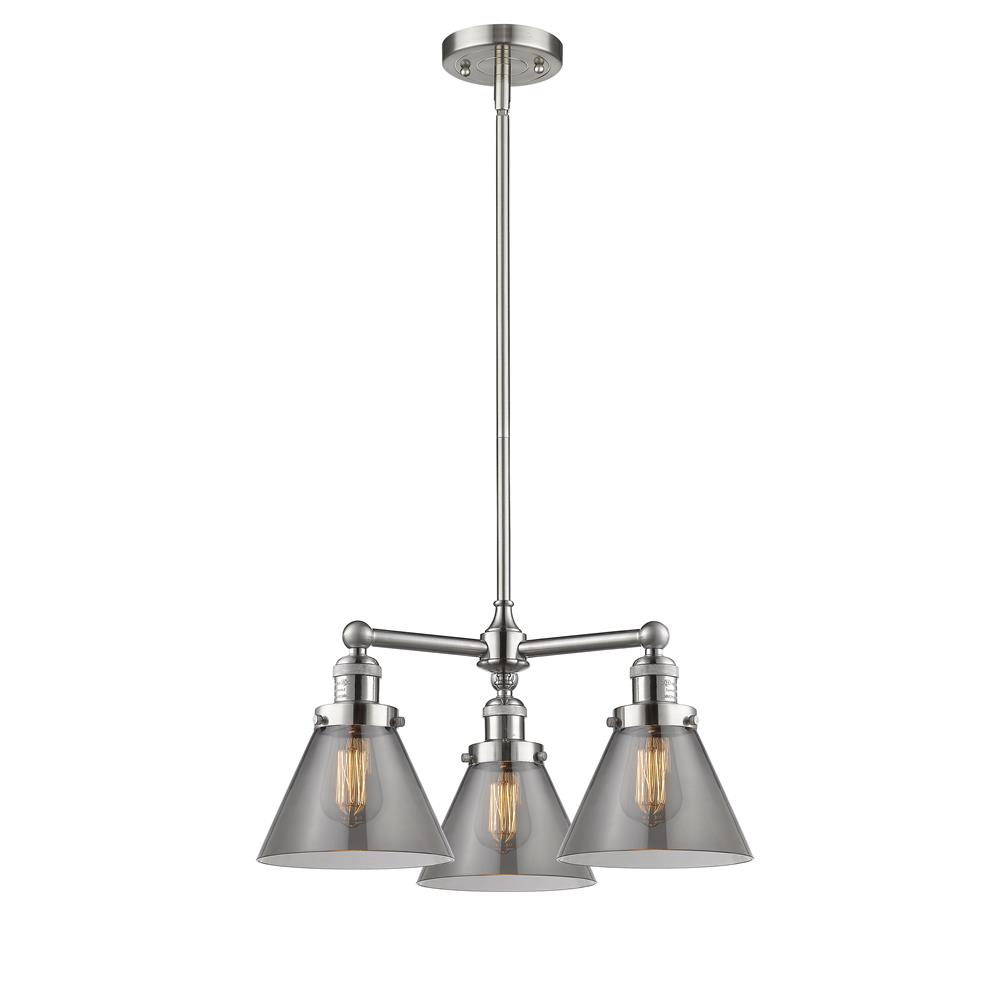Innovations 207-SN-G43-LED 3 Light Vintage Dimmable LED Large Cone 22 inch Chandelier in Brushed Satin Nickel