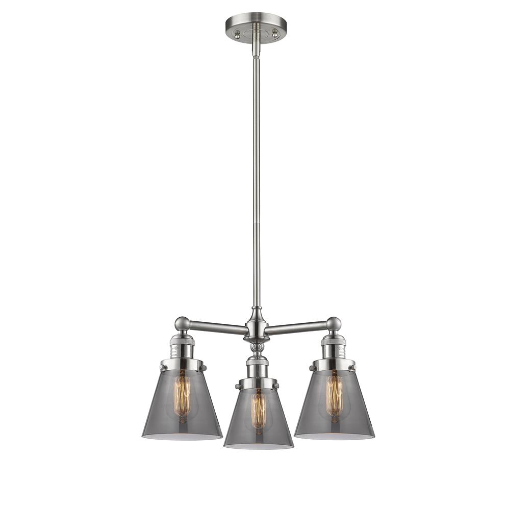 Innovations 207-SN-G63-LED 3 Light Vintage Dimmable LED Small Cone 19 inch Chandelier in Brushed Satin Nickel