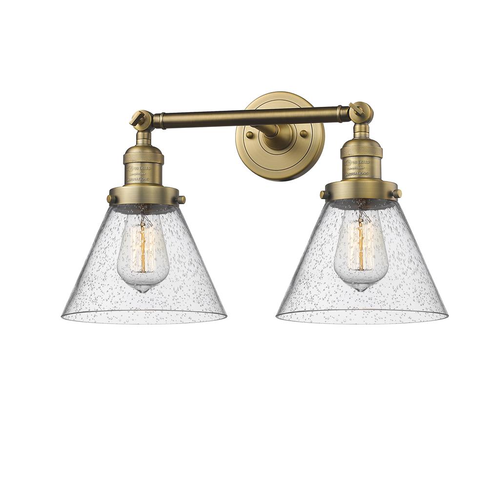 Innovations 208-BB-G44-LED 2 Light Vintage Dimmable LED Large Cone 18 inch Bathroom Fixture in Brushed Brass
