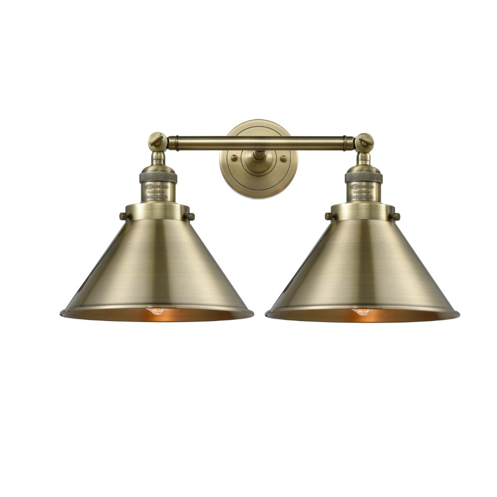 Innovations 208L-AB-M10-AB-LED Briarcliff 2 Light Bath Vanity Light in Antique Brass with Antique Brass Briarcliff Cone Metal Shade