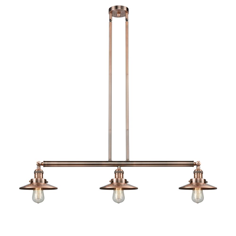 Innovations 213-AC-M3 Railroad 3 Light Island Light in Antique Copper with Antique Copper Cone Metal Shade