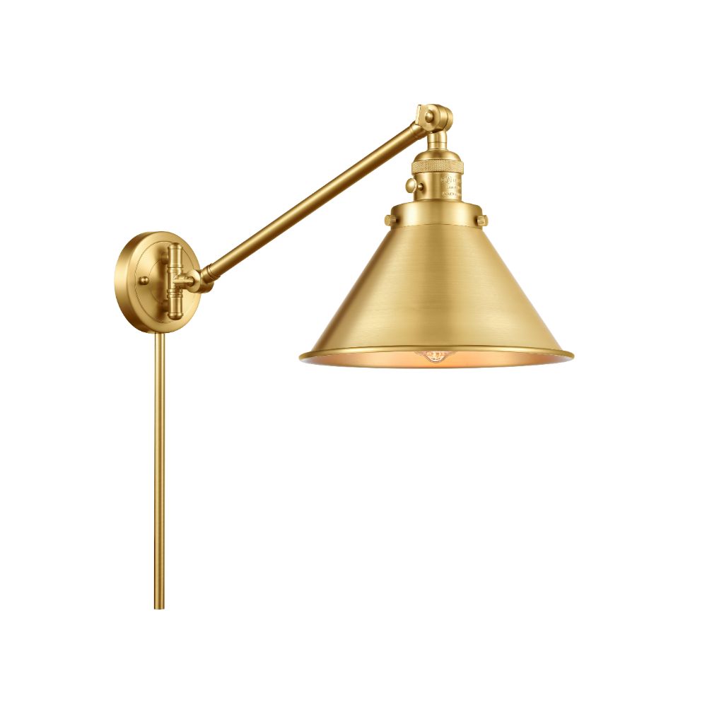 Innovations 237-SG-M10-SG-LED Briarcliff 1 Light 10" Swing Arm LED Bulb Plug In or Hardwired in Satin Gold with Gold Tones Briarcliff Cone Metal Shade