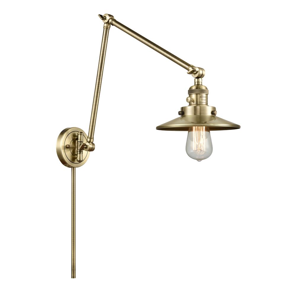 Innovations 238-AB-M4 Railroad 1 Light Swing Arm in Antique Brass with Antique Brass Cone Metal Shade