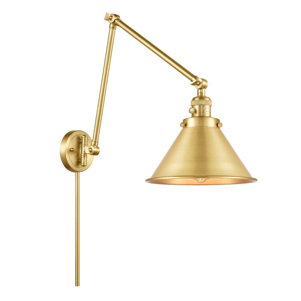 Innovations 238-SG-M10-SG-LED Briarcliff 1 Light 10" Double Extension Swing Arm LED Bulb Plug In or Hardwired in Satin Gold with Gold Tones Briarcliff Cone Metal Shade