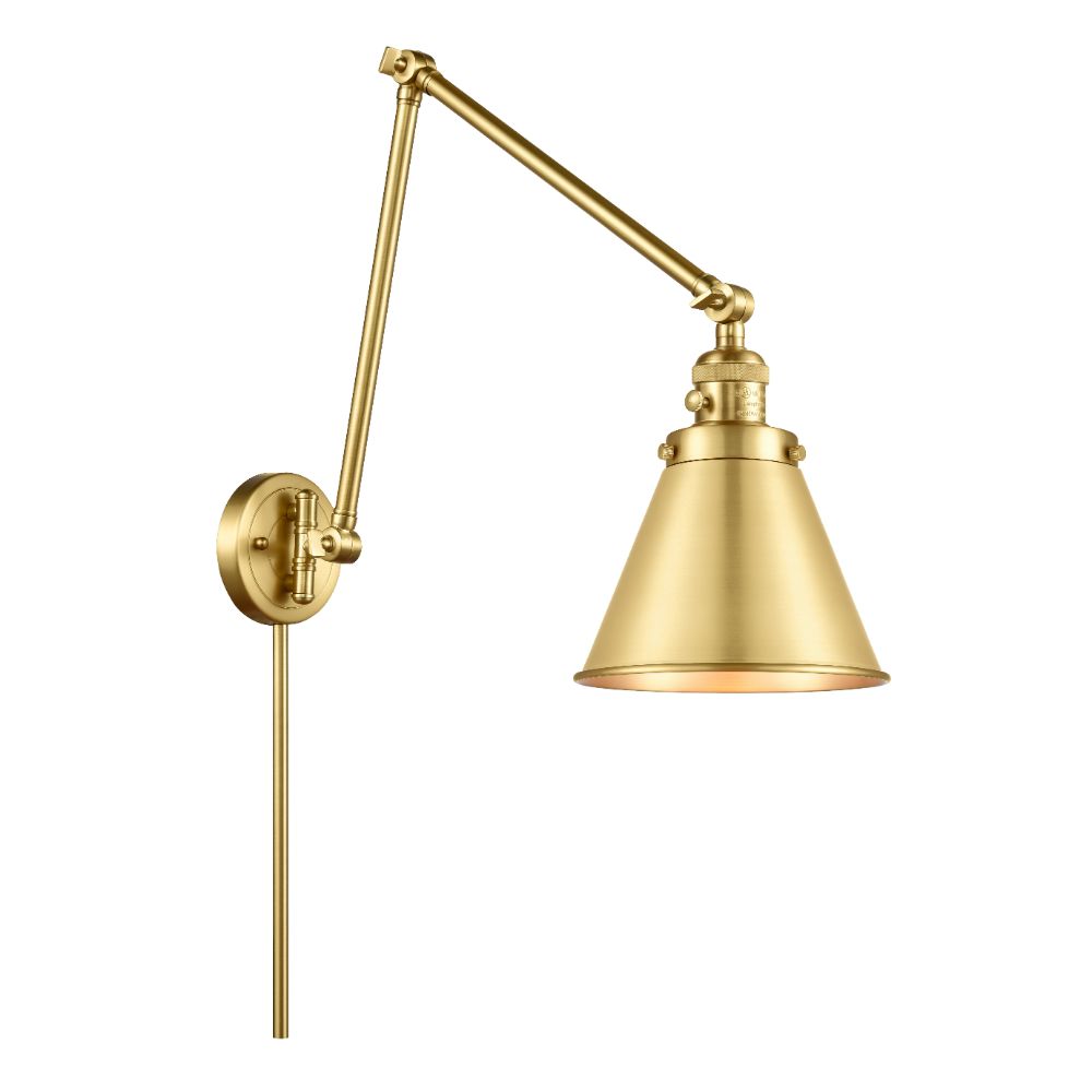 Innovations 238-SG-M13-SG-LED Appalachian 1 Light 8" Double Extension Swing Arm LED Bulb Plug In or Hardwired in Satin Gold with Gold Tones Appalachian Cone Metal Shade
