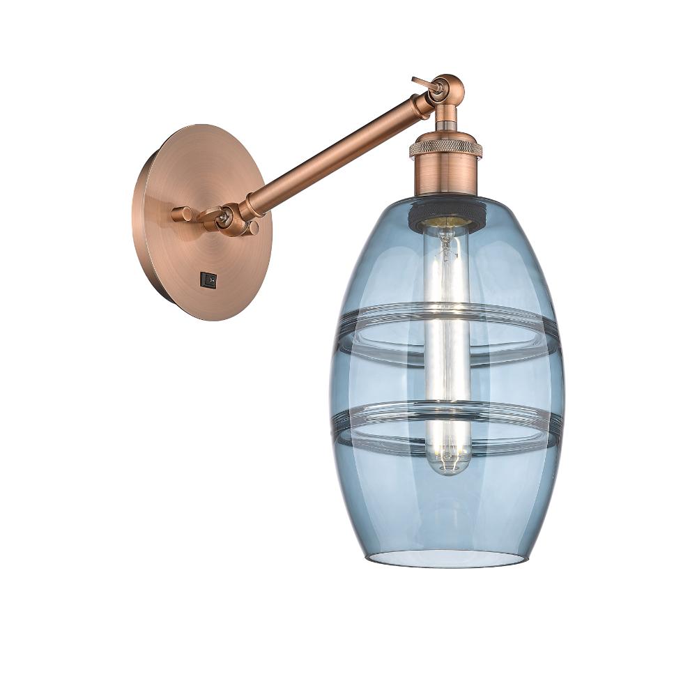 Innovations Lighting 317-1W-AC-G557-6BL Ballston - Vaz - 1 Light 6" Sconce - Arm Adjusts Up and Down - Antique Copper Finish - Princess Blue  Shade