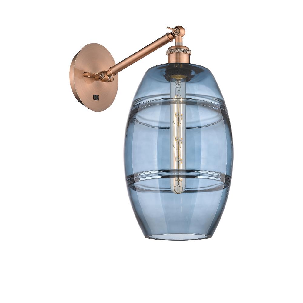 Innovations Lighting 317-1W-AC-G557-8BL Ballston - Vaz - 1 Light 8" Sconce - Arm Adjusts Up and Down - Antique Copper Finish - Princess Blue  Shade