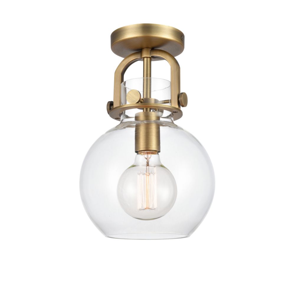 Innovations 410-1F-BB-G410-8CL Newton Sphere - 1 Light 8" Flush Mount - Brushed Brass Finish - Clear Glass Shade