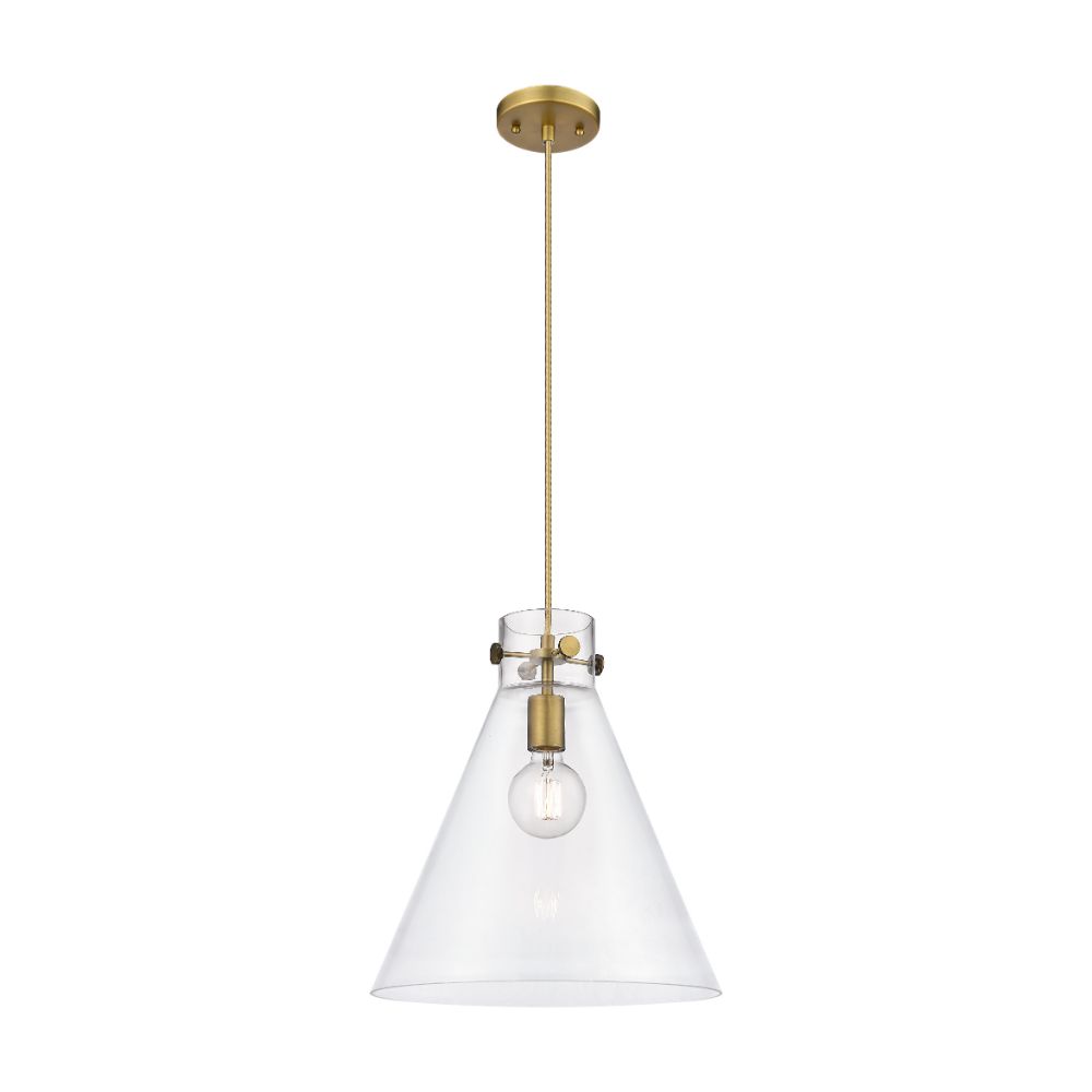 Innovations 410-1PL-BB-G411-14CL Newton Cone - 1 Light 14" Cord Hung Pendant - Brushed Brass Finish - Clear Glass Shade