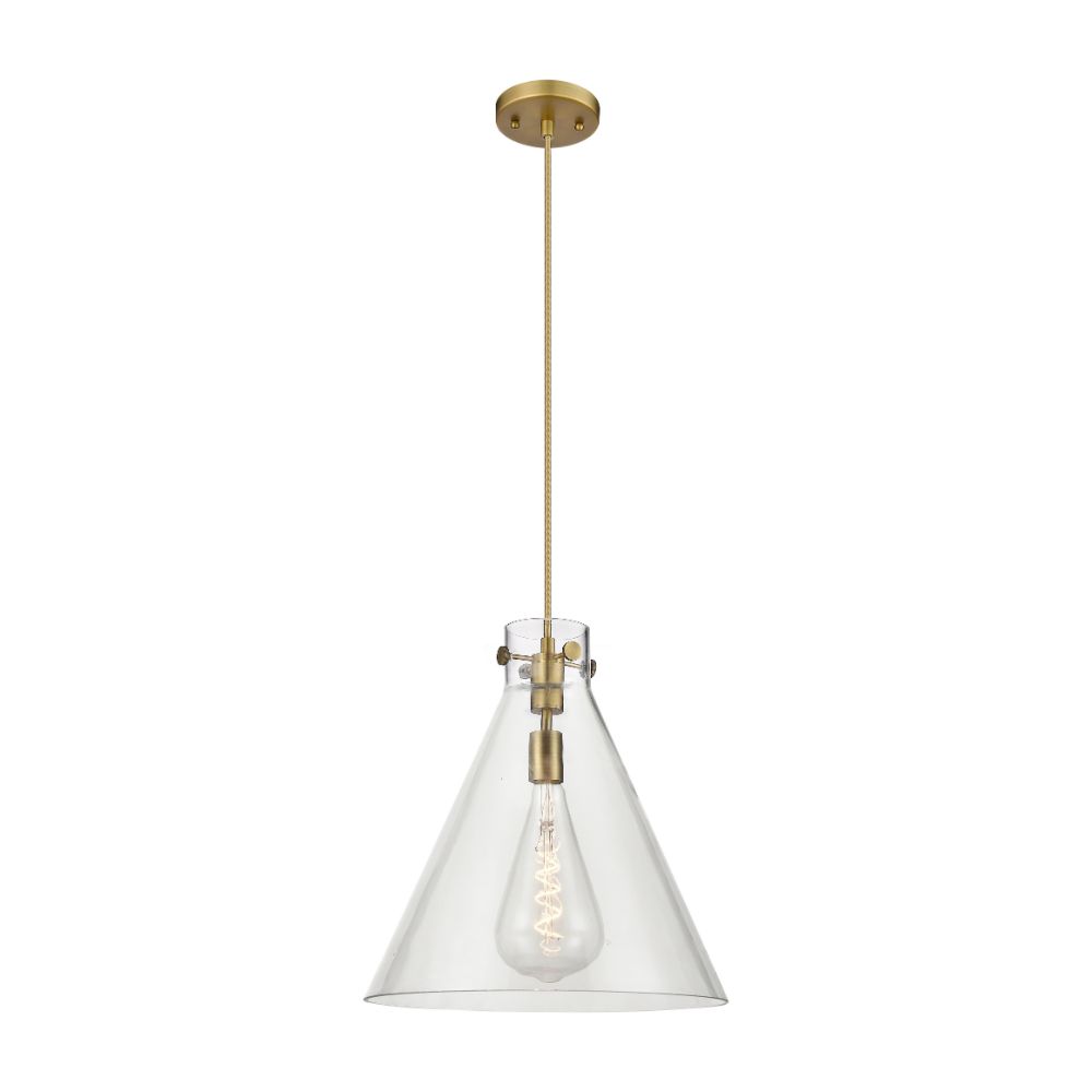 Innovations 410-1PL-BB-G411-16CL Newton Cone - 1 Light 16" Cord Hung Pendant - Brushed Brass Finish - Clear Glass Shade
