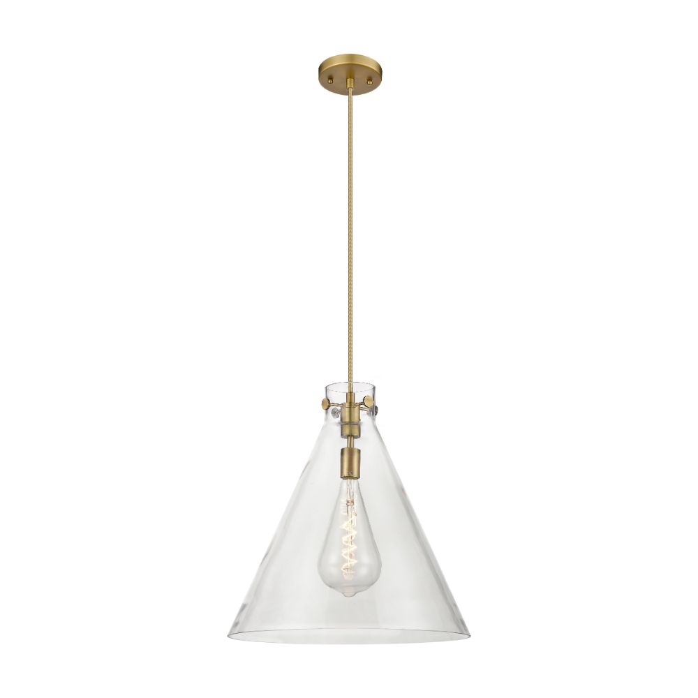 Innovations 410-1PL-BB-G411-18CL Newton Cone - 1 Light 18" Cord Hung Pendant - Brushed Brass Finish - Clear Glass Shade
